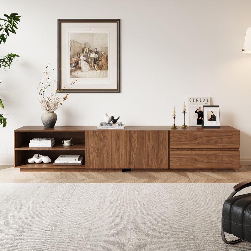 Meuble télé moderne en noyer moderne, centre de divertissement 94,5 po avec tablettes ouvertes et tiroirs, convertible en armoire latérale pour un rangement polyvalent