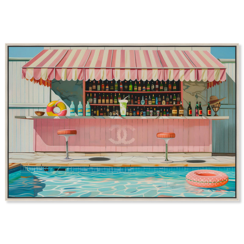 «Pink Pool Bar Party» par Glam Coastal Art , H 11 po x l 16 po, Cadre flottant argent