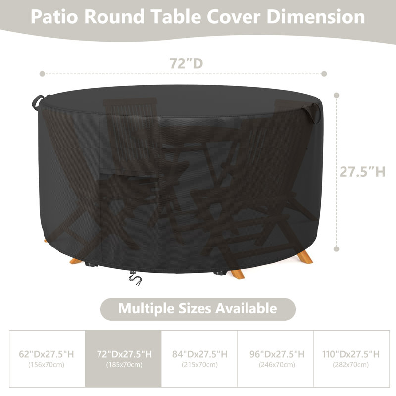Ensemble de housse de table de patio imperméable pour mobilier rond, H 27,5 po x l 72 po x P 72 po