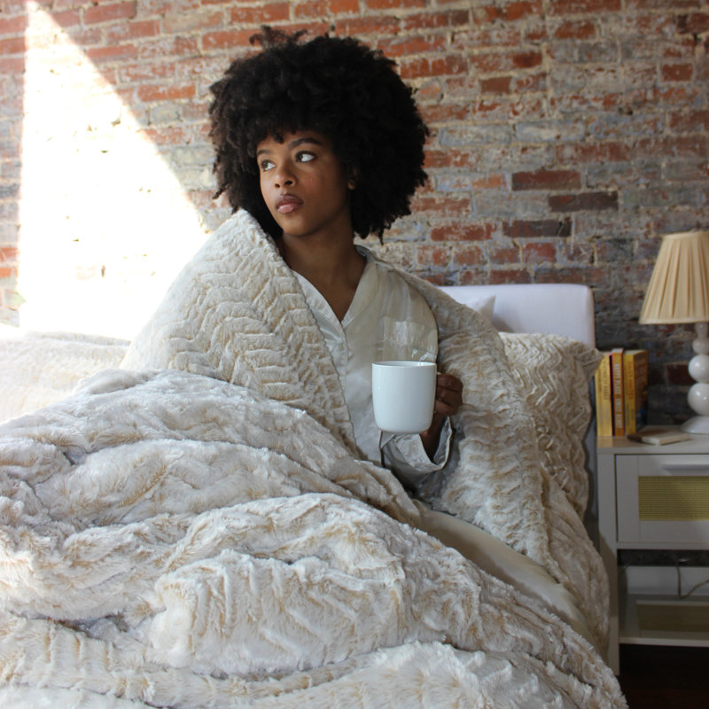 Queen Frosted Taupe Plush Chevron Comforter Set