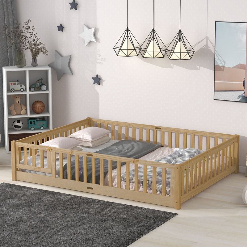Lit plateforme avec barrière de sécurité et porte Kobey, Naturel