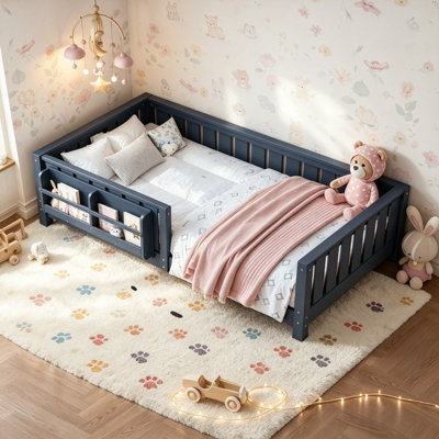 Twin Floor Bed With Slats And Safety Guardrail, Twin Size Montessori Floor Bed With Fence And Built-In Bookshelf, Easy Assemble Montessori Beds For Kids, Girls, Boys, Blue