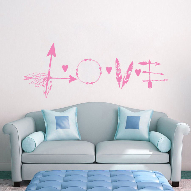 Décalcomanie murale flèche en plumes love, Rose tendre