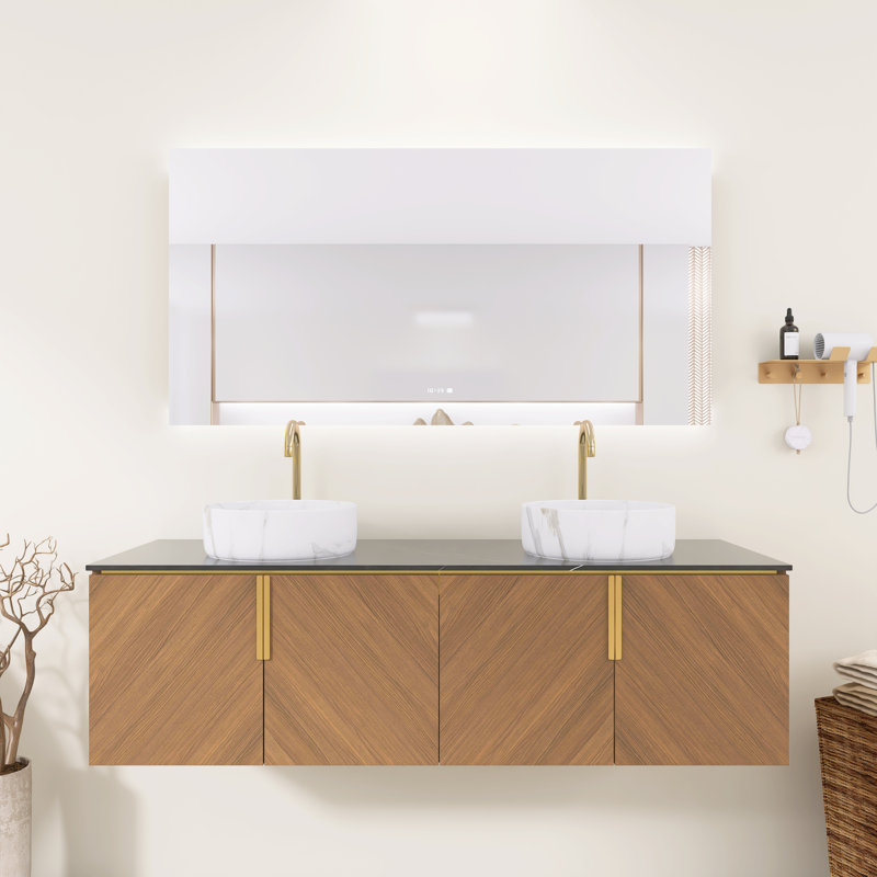 Meuble-lavabo flottant 60 po avec lavabo en contreplaqué de chêne brun avec 4 portes, 2 vasques rondes en céramique blanches avec motif en pierre et comptoir en pierre frittée noire