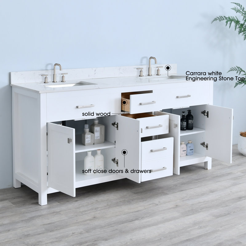 Meuble-lavabo 72 po avec comptoir en marbre d'ingénierie et lavabos doubles blancs