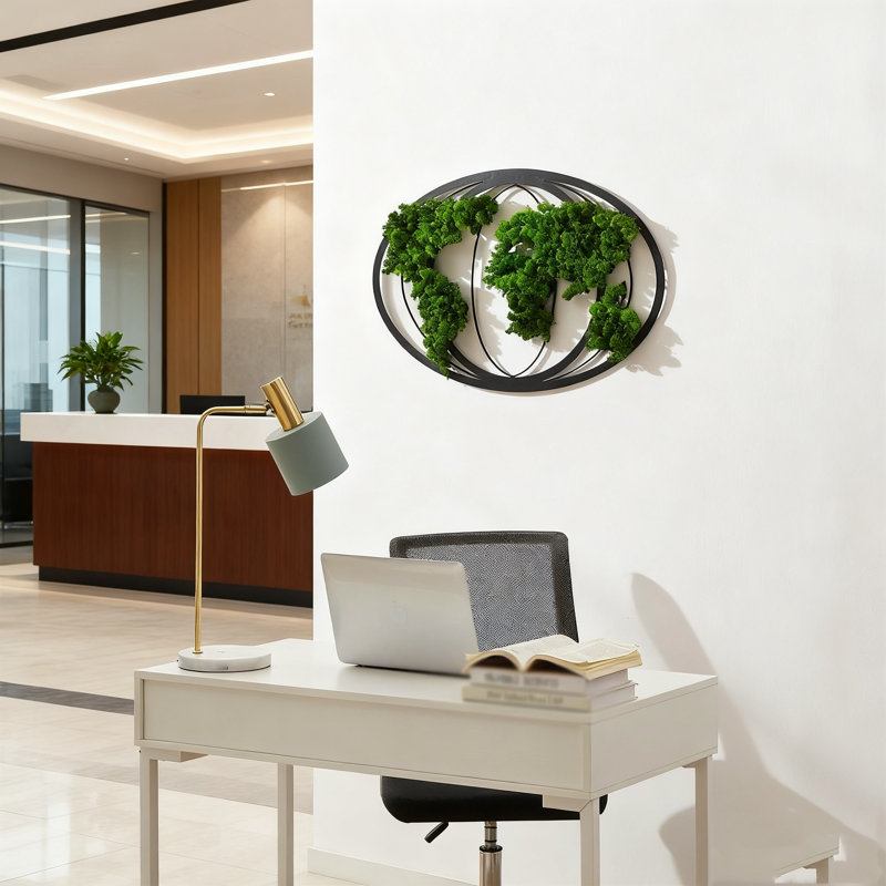 Décoration murale en métal 1pc Moss World Map | Décoration murale en fer vert, 32 x 21 x 0,30 po, conception exquise en forme de terre + mousse préservée luxuriante, ambiance tranquille pour la maison / bureau