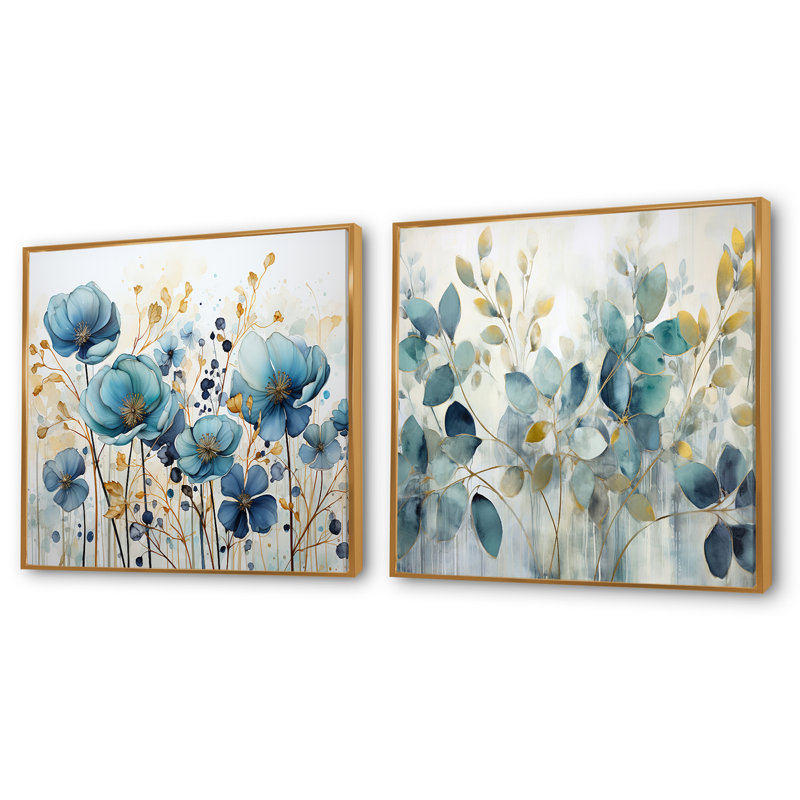 Blue Botanical Rhythms - Ensemble de 2 collages carrés botaniques abstraits, H 16 po x l 33 po, Cadre flottant doré
