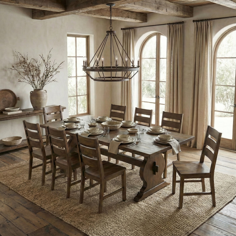 Almeda Traditional 70.8" Rectangular Dining Table Set, 9 Pieces: Table, 8 Chairs, Brown