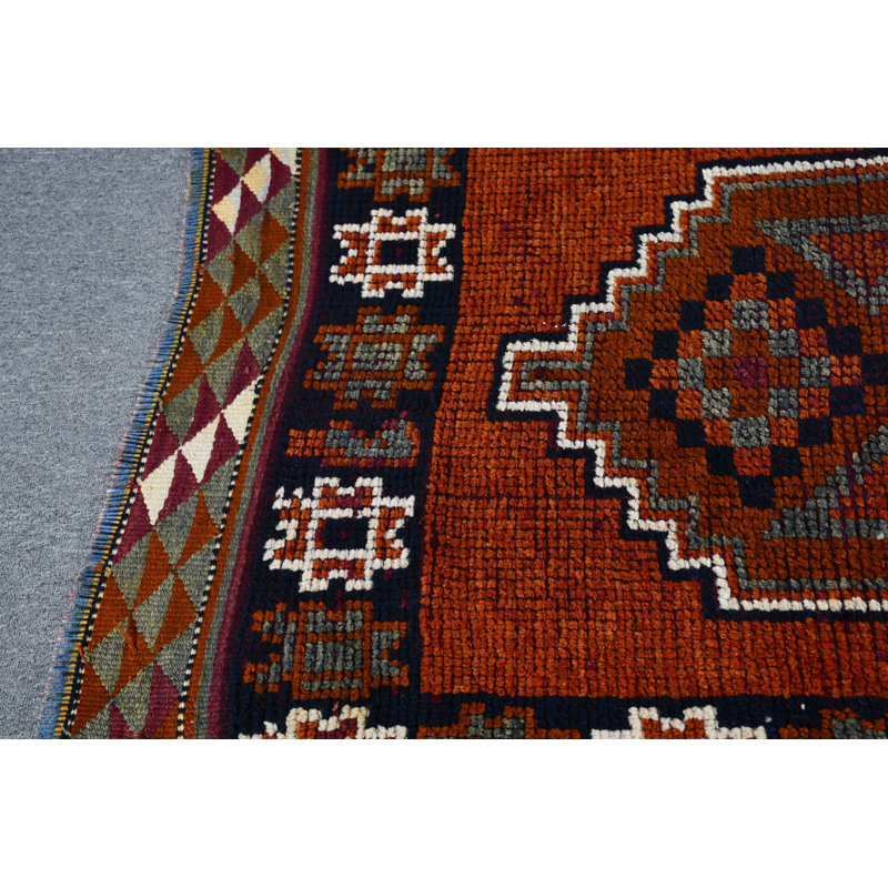 Tapis de style kilim turc rétro tissé à la main avec un motif géométrique d'inspiration bohémienne en bleu / orange