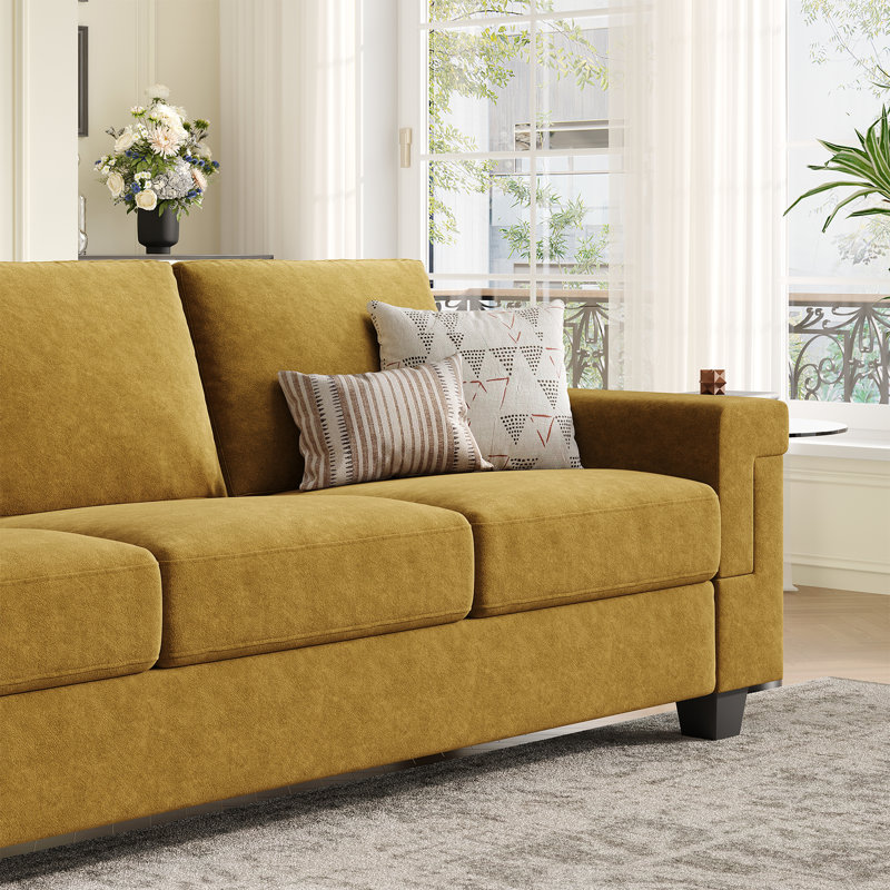 Canapé en polyester à accoudoirs carrés Dereon, H 32,7 po x l 90 po x P 35 po, Jaune
