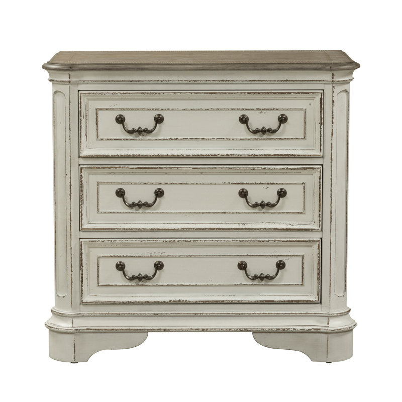 Magnolia Manor Antique White 3-Drawer Bedside Chest with Charging Station