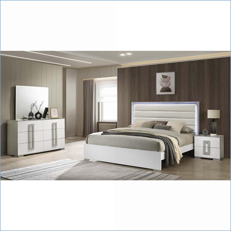 Ensemble de chambre à coucher 4 pièces en bois blanc contemporain avec tête de lit à DEL | Bois | Lits standard