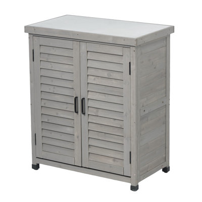 Potting Bench With Storage Cabinet And Metal Table Top For Outdoor Patio