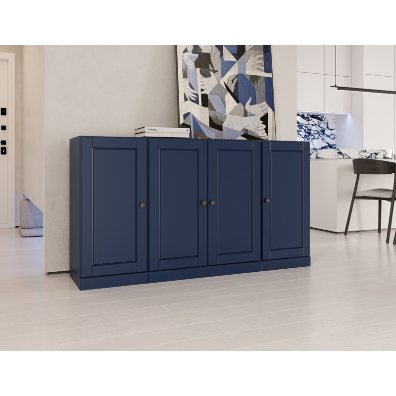 100% Solid Wood 65" Sideboard with Solid Doors, 2-Drawers and Adjustable Shelves, Navy