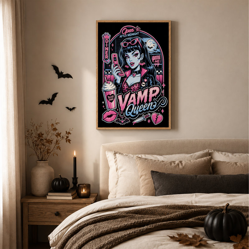 Toile d'Halloween stylisée reine vamp avec peau bleue et dîner rose, H 24 po x l 18 po