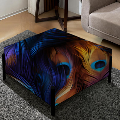 Blue And Purple Vibrant Peacock Feather I - Animal Print Large Square Ottoman
