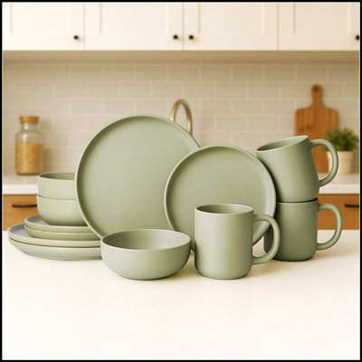 12-Piece Stoneware Dinnerware Set with Mugs, Microwave & Dishwasher Safe, Non-Toxic, Stackable, Matte Glaze for Small Families