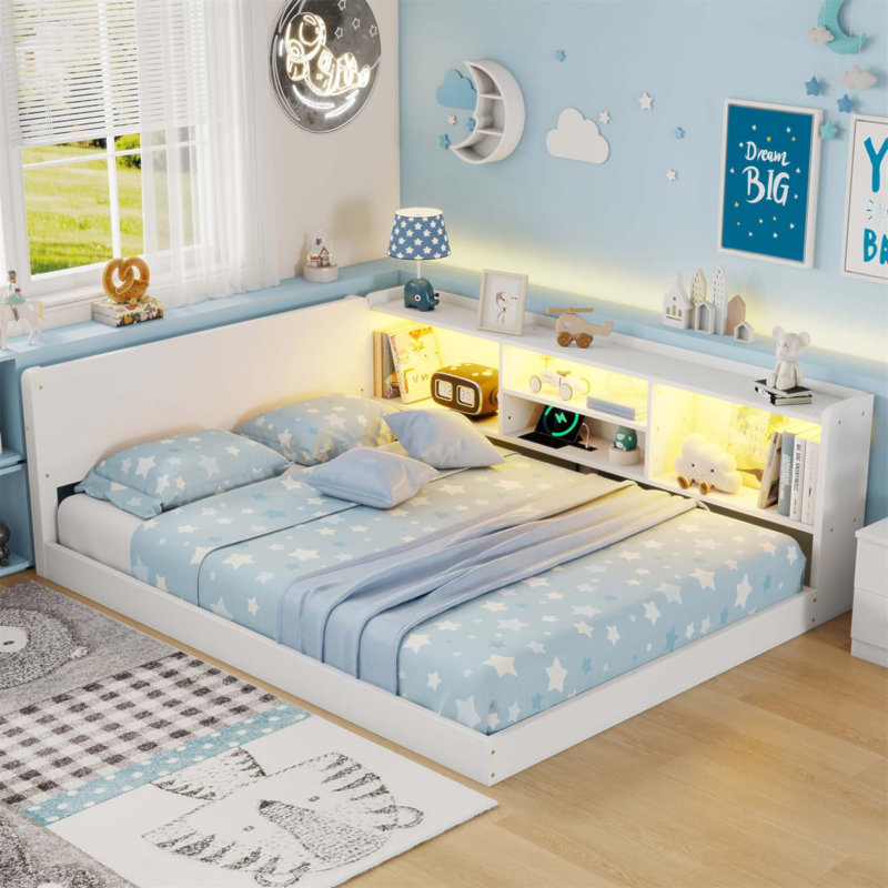 Base de lit en forme de L pour enfants, lit d'angle avec compartiments de rangement latéraux Montessori, station de charge intégrée et éclairage (sans matelas)