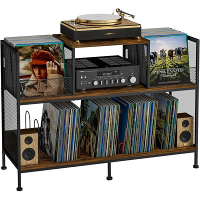 Large Vintage Record Player Table with 4 Adjustable Dividers, Vinyl Record Storage Cabinet for Up to 350 Albums, Medieval Turntable Stand for Living Room, Bedroom, Office