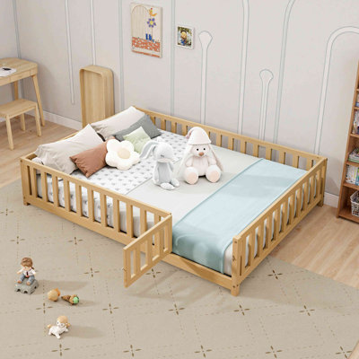 Floor Platform Bed With Fence And Door For Kids Montessori Floor Bed Frame With Support Slats For Toddlers Wooden Floor Bed