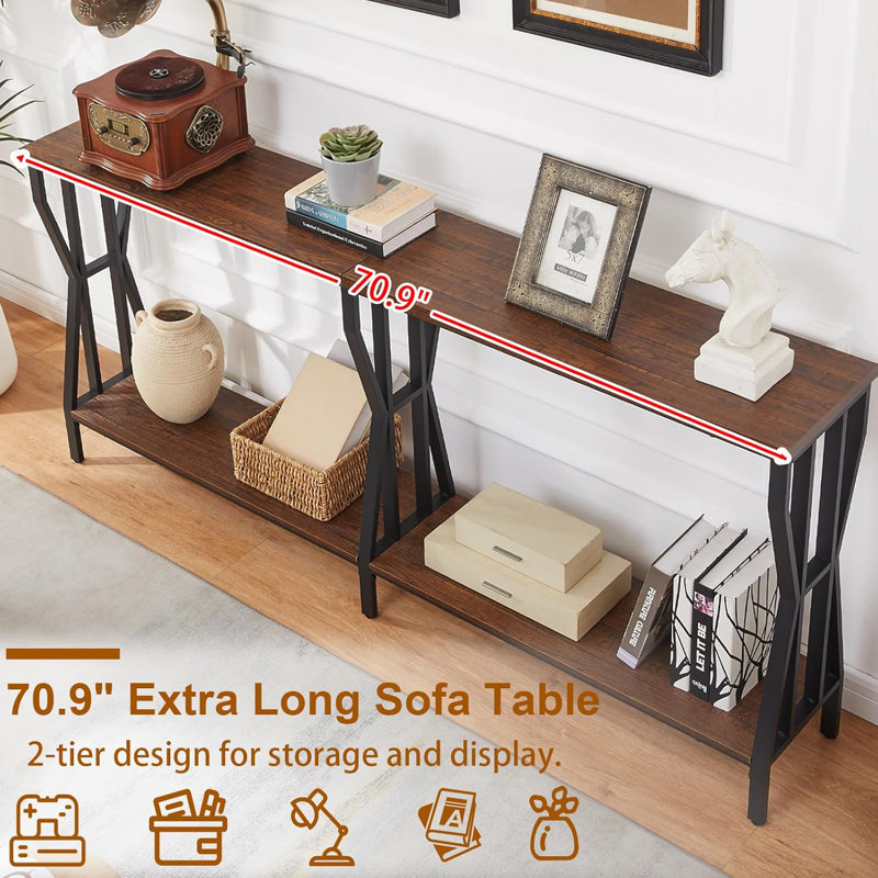 Canapé console, canapé extra long de 70,9 po avec rangement à 2 niveaux. Brun rustique