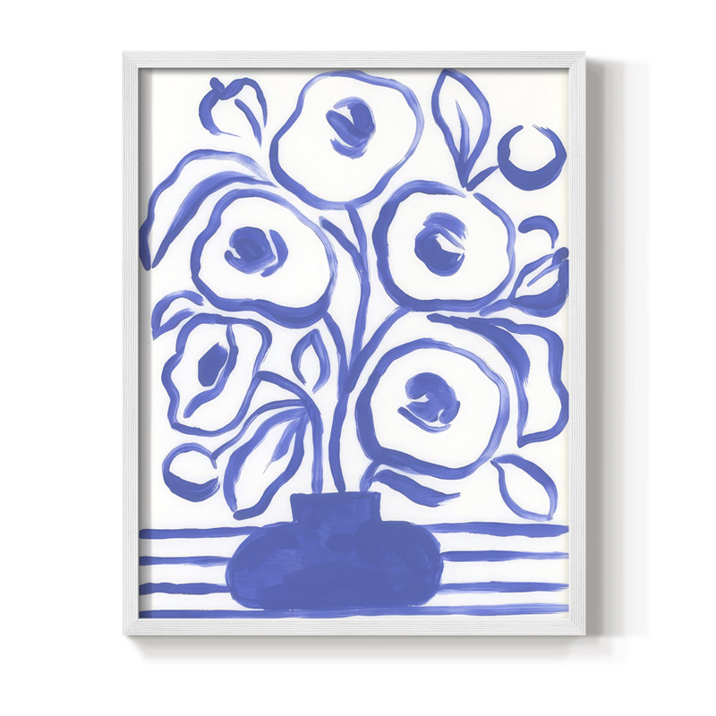 «Blue Brush Flowers I», reproduction encadrée - bois massif, H 21 po x l 17 po, Blanc