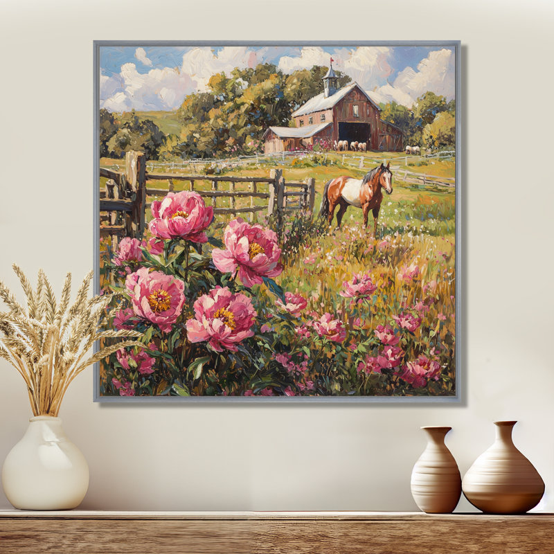 Croce pivoines par l'écurie cheval III - pivoines, art mural, H 16 po x l 16 po, Impression encadrée flottante, Argent argent