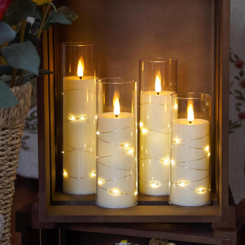Flameless Flickering Clear Plastic Candles With 11-Key Remote And Timer, Built-In Star String Lights Battery Operated LED Candles, Pack Of 4 (2.2" X5" 6" 7" 8", Black)