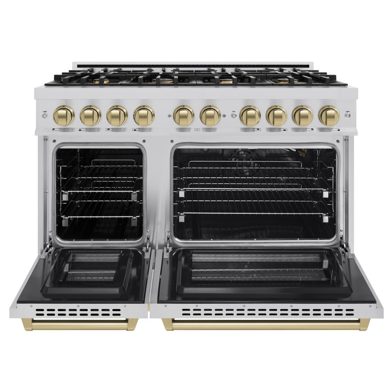 ZLINE Autograph Edition 48 in. 6.7 cu. ft. Select Double Oven Gas Range W/ 8 Burner Cooktop in Stainless Steel & Champagne Bronze Accents (HGRZ-48-CB)