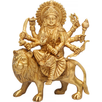 Statue de Durga en laiton de 9,5 po | Idole de lion Sherawali fait à la main sur un lion | Divinité de Guerrier Hindou traditionnel pour le temple de la maison et l'autel