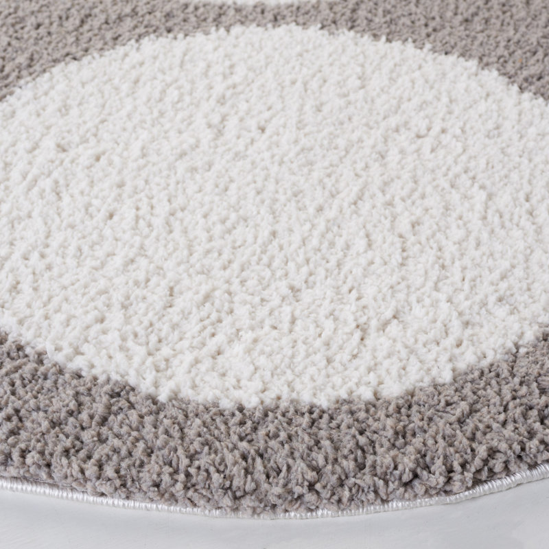 Tapis géométrique gris / ivoire fabriqué à la machine, Rond 6 pi 7 po