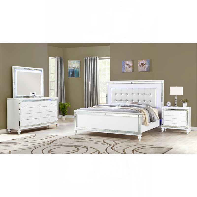 Ensemble de chambre à coucher grand avec 4 lumières à DEL en bois de couleur blanche, Blanc, Grand lit