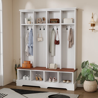 Farmhouse Wide Hall Tree With Bench, 8 Hooks And Storage Compartments For Entryway