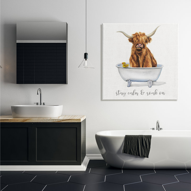 Baignoire Arya Highland, "Stay Calm Soak On" par Donna Brooks - Art textuel sur bois, H 36 po x l 36 po x P 1,5 po
