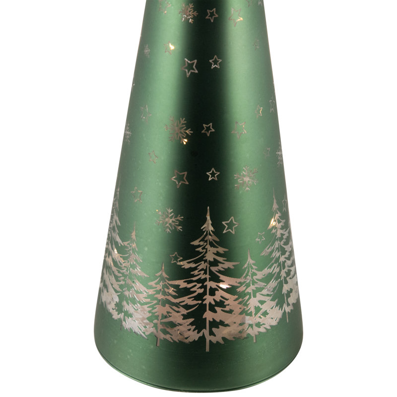LED Lighted Snowy Forest Glass Christmas Cone Tree Decoration - 11.5"