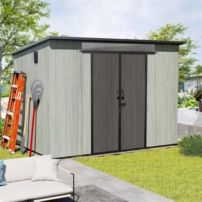 Remise de rangement extérieure en résine 6 x 9 pi avec fenêtres transparentes et évents à persiennes, remise à outils en plastique avec portes verrouillables doubles et toit incliné, remise de jardin extérieure pour la cour, le patio, la pelouse