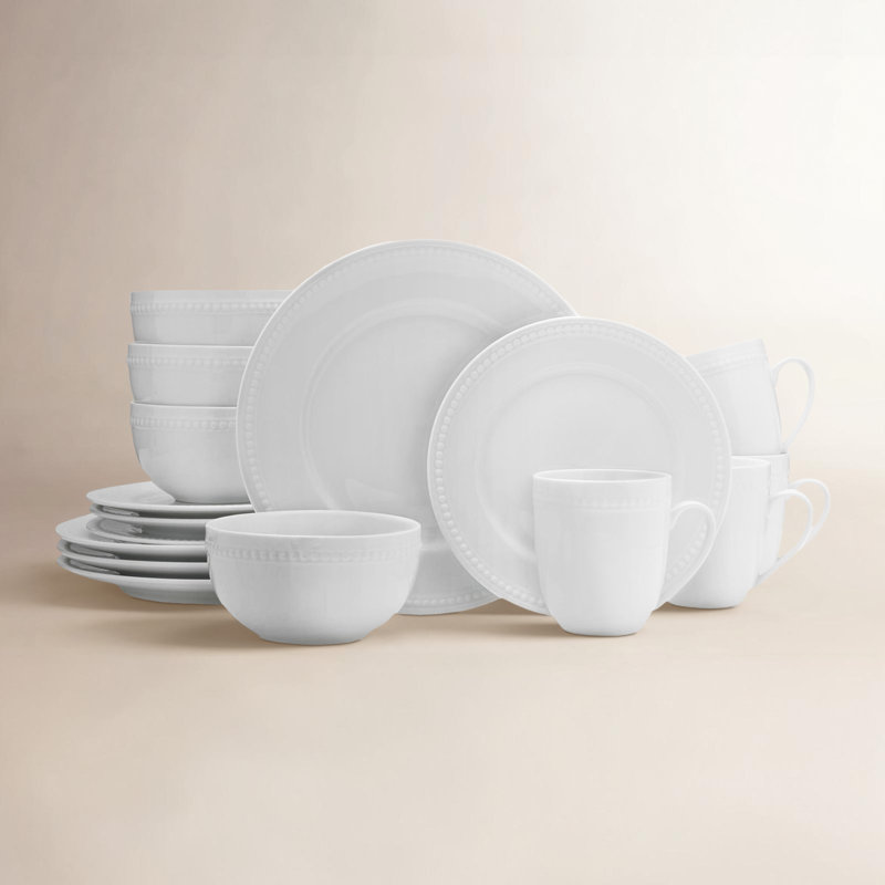 Fitz and Floyd Everyday White Beaded 16-Piece Porcelain Dinnerware Set, Service for 4