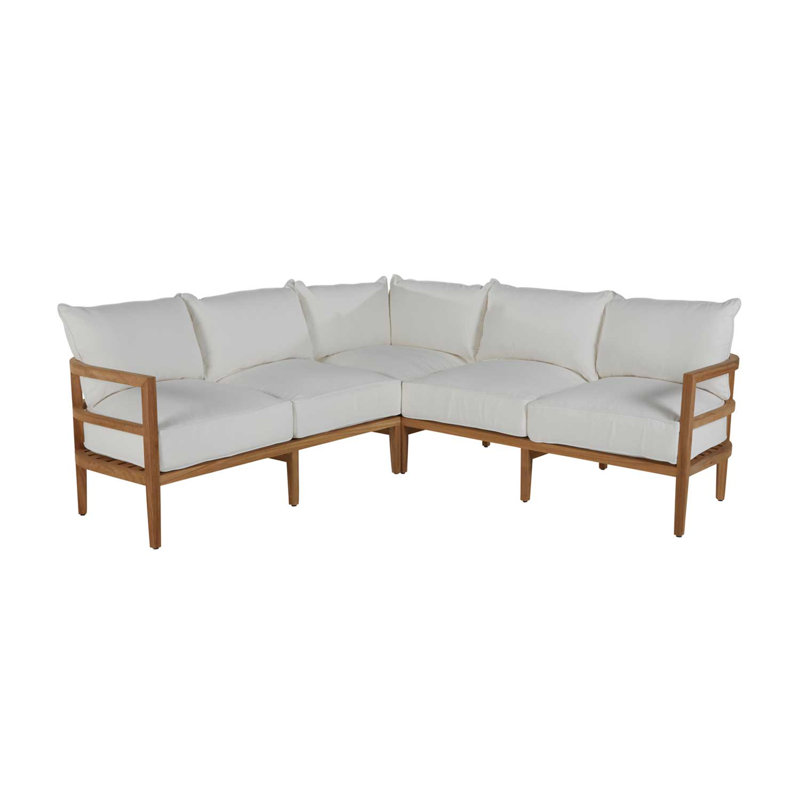 Santa Barbara 57.5" Wide Teak Loveseat with Cushions, Natural Teak, Rollo Lace InsideOut® Linen, Welt + Standard fill