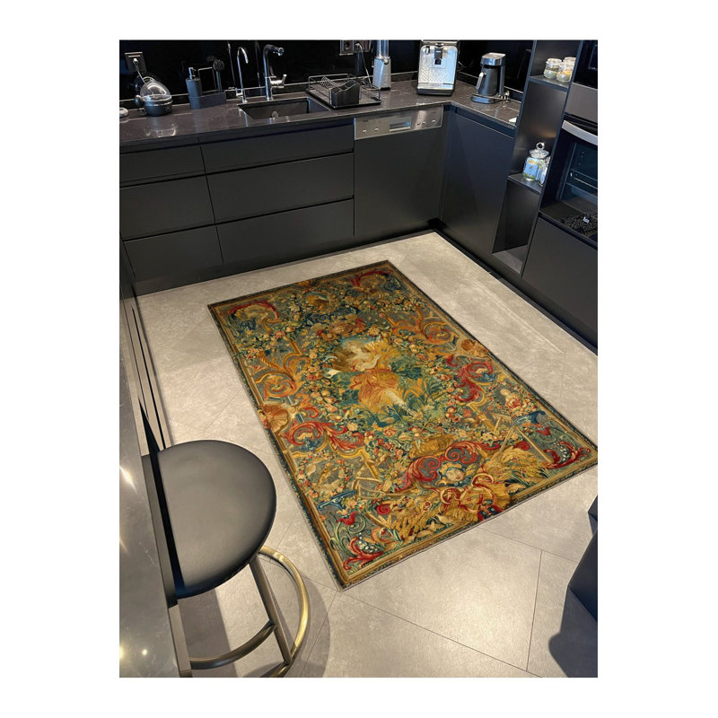 Tapis lavable moderne à motif de feuilles et de femme jaune, Sous-tapis carré 3 pi 3 po inclus