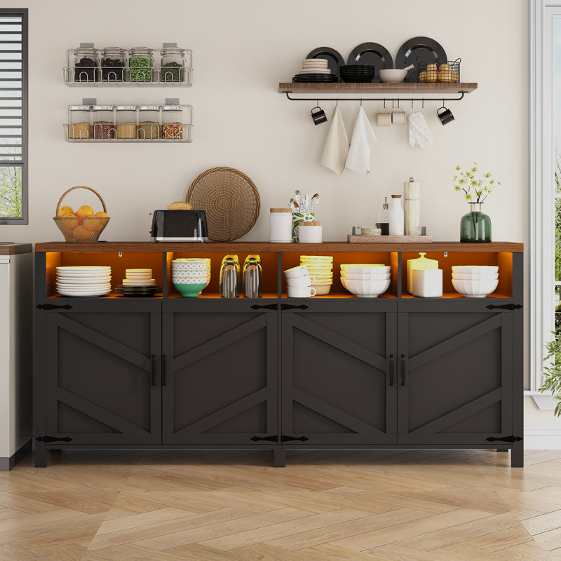 63" Smart Buffet Sideboard With Power Outlets & App-controlled Rgb Led Lights, Large Farmhouse Kitchen Storage Cabinet With 4 Doors & Open Shelves, Coffee Bar Cabinet Buffet For Dining Room, Entryway, Black And Walnut