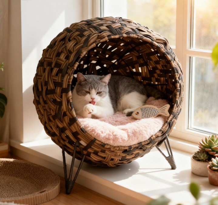 Maison pour chat avec maisonnette tissée à la main avec coussin