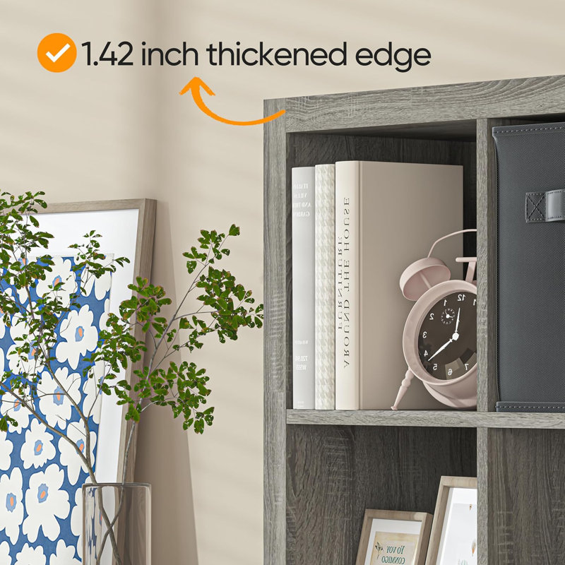 Bookshelf with Storage Bins, 8-Cube Storage Organizer Wooden Bookcase Open Book Shelf, Grey Oak