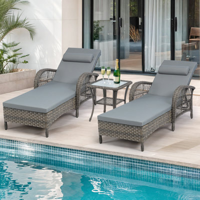 3 Piece Outdoor Wicker Chaise Lounge Chair Set - Patio Lounge Chairs Set Of 2 With Side Table, 6 Position Adjustable Pool Reclining Sunbathing Chair With Cushion, Armrest & Headrest, Gray