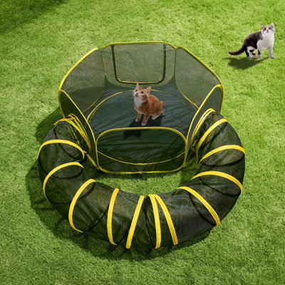 Outdoor Cat Enclosures 2-in-1 Portable Catio with Cat Tent, Circle Playpen Tunnel