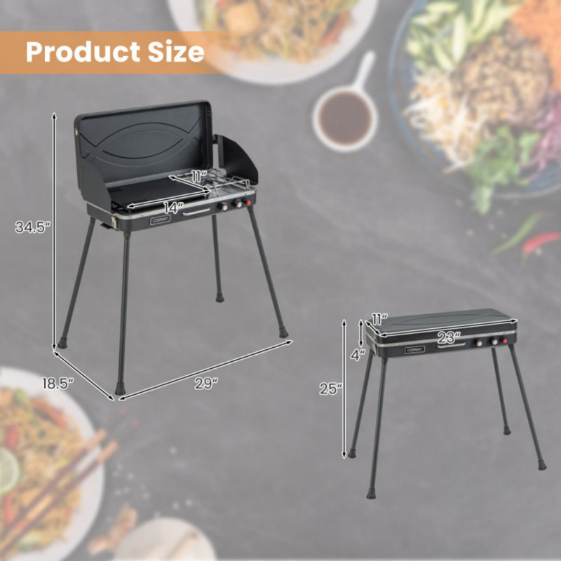 2-In-1 Gas Camping Grill And Stove With 4 Detachable Legs, Black