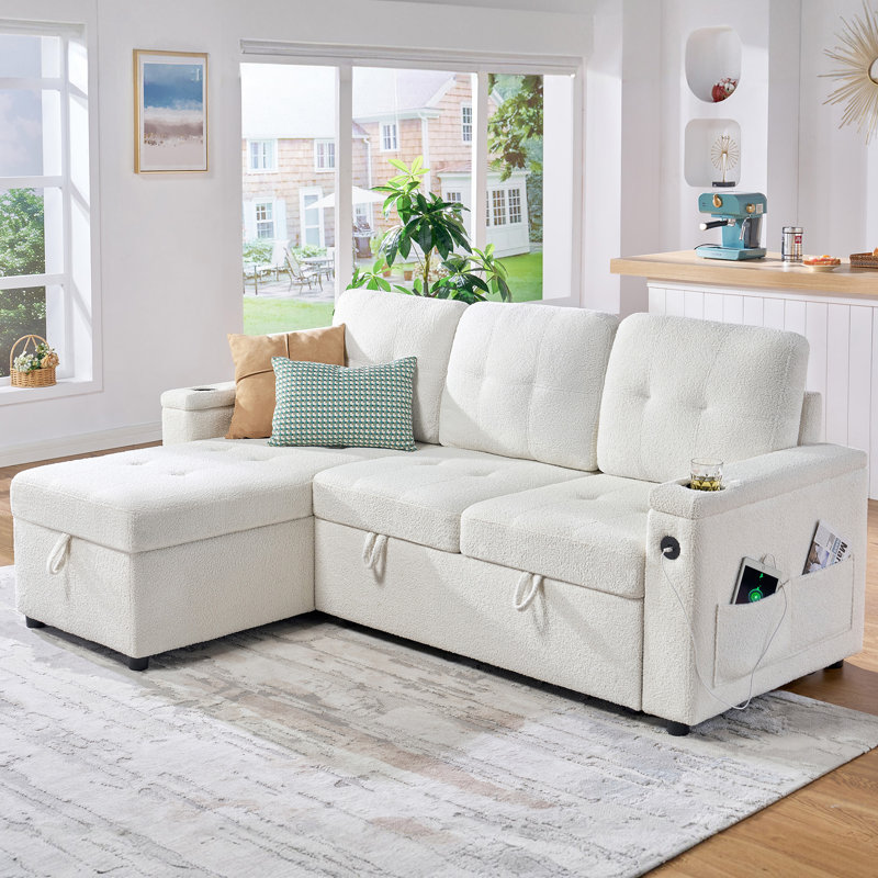Canapé-lit coulissant en forme de L 84 po avec méridienne de rangement, ports de chargement USB et porte-gobelets, boucle blanche