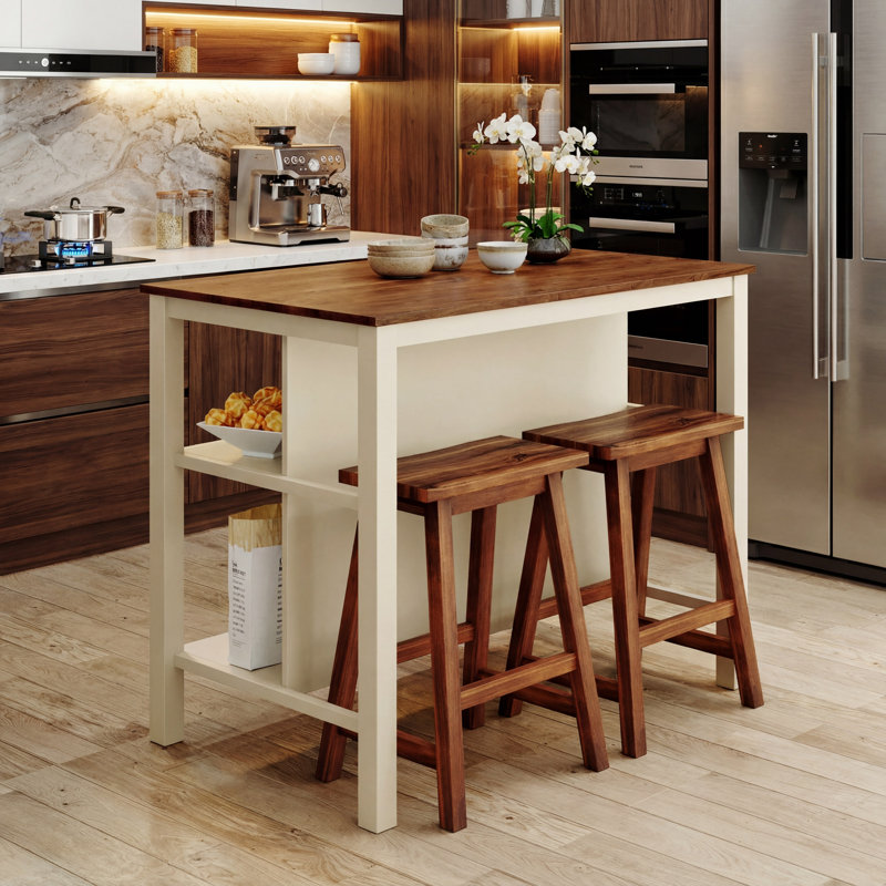 Rustic 3-piece Stationary Kitchen Island Set with Butcher Block and Seating, Walnut and Cream White