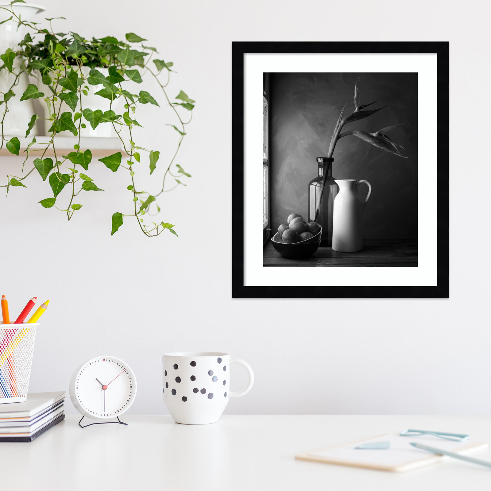 Plums and Jars Still Life Photo Print, 18" H x 16" W, Black