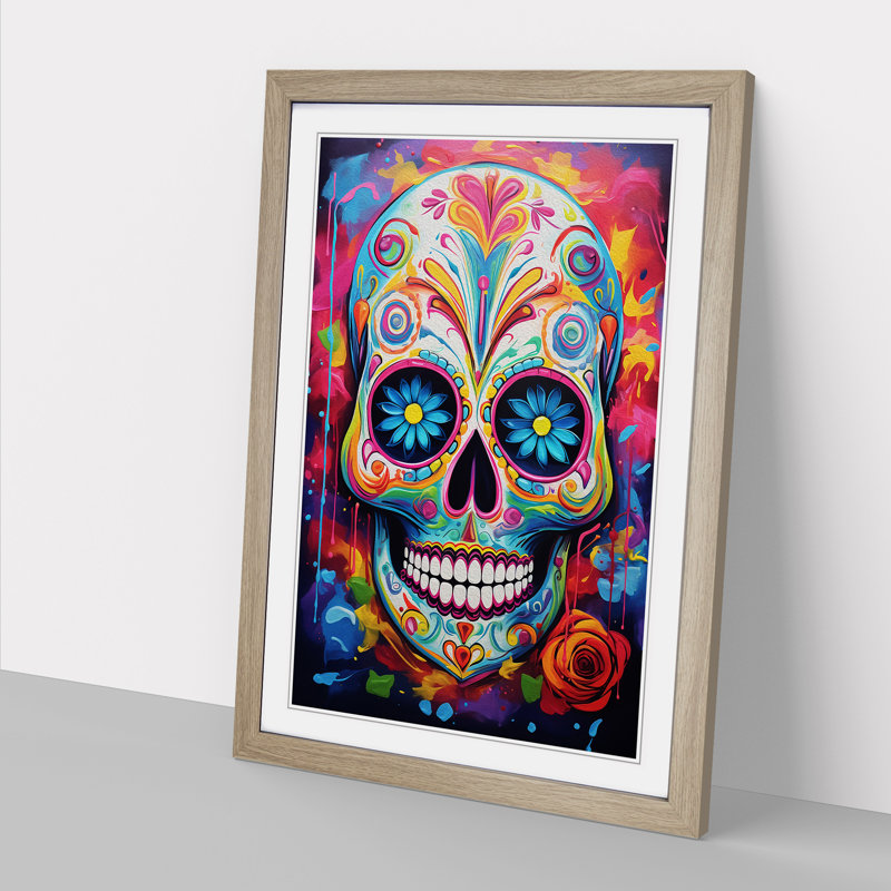 Sugar Skull Abstract - Single Picture Frame Print on Wood, Oak, 34cm H x 25cm W x 2cm D