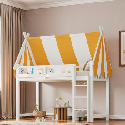 Loft Bed With Canopy, Led Lights And Book Shelf